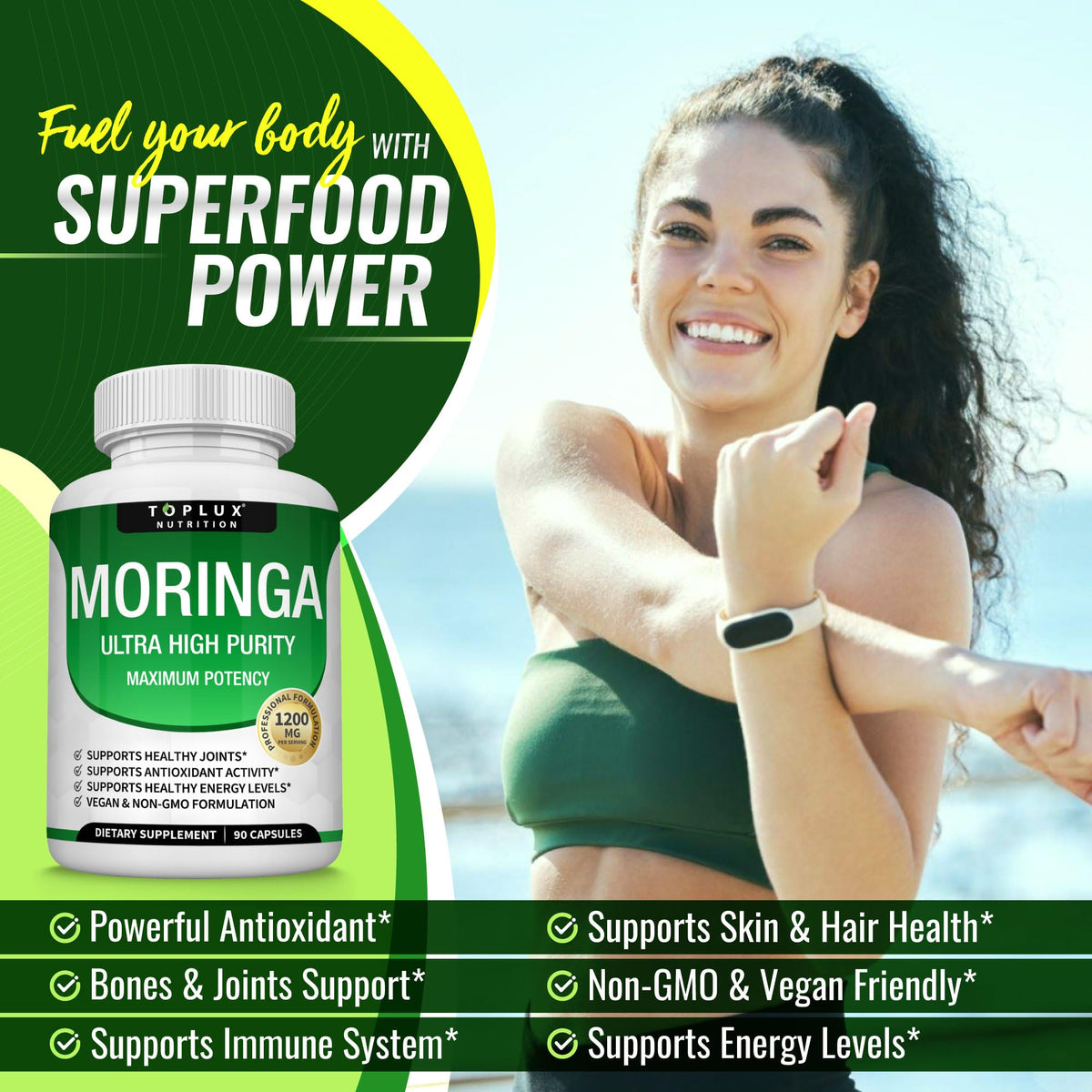 Vue du flacon de Moringa Toplux avec étiquette visible
