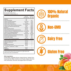 Vue du flacon de multivitamine avec cuillère doseuse à côté