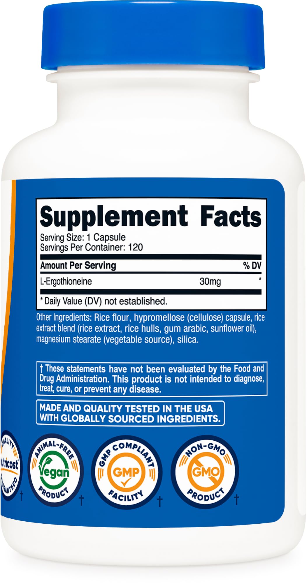 Vue du flacon de Nutricost L-Ergothioneine avec le couvercle ouvert