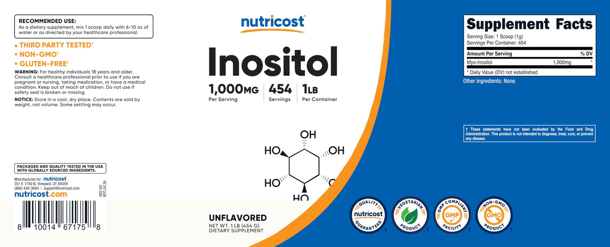 Vue du flacon de poudre d'inositol Nutricost avec mesure