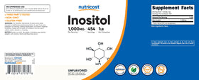 Vue du flacon de poudre d'inositol Nutricost avec mesure