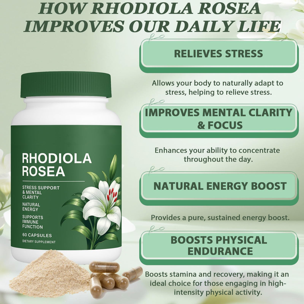 Vue du flacon de Rhodiola Rosea Raipult avec capsules à côté