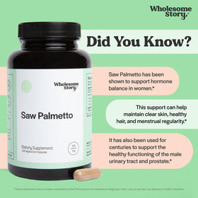 Vue du flacon de Saw Palmetto Wholesome Story sur une table