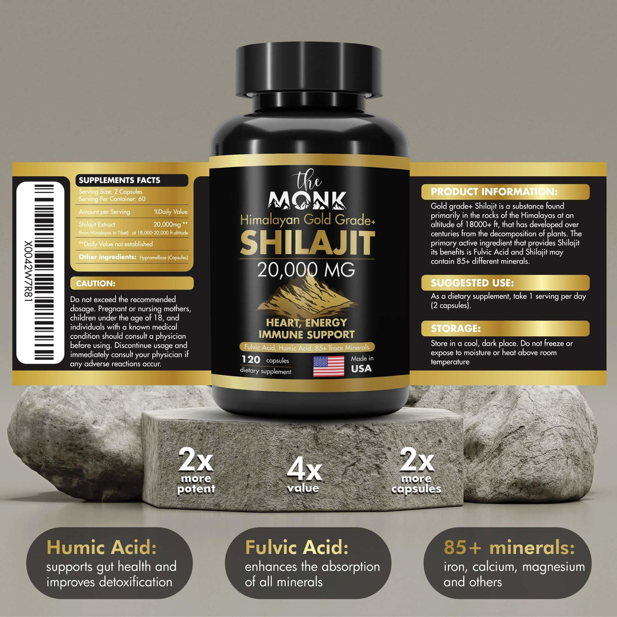 Vue du flacon de Shilajit Bio Gold Grade Plus avec capsules