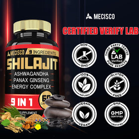Vue du flacon de Shilajit Mecisco avec capsules à l'intérieur