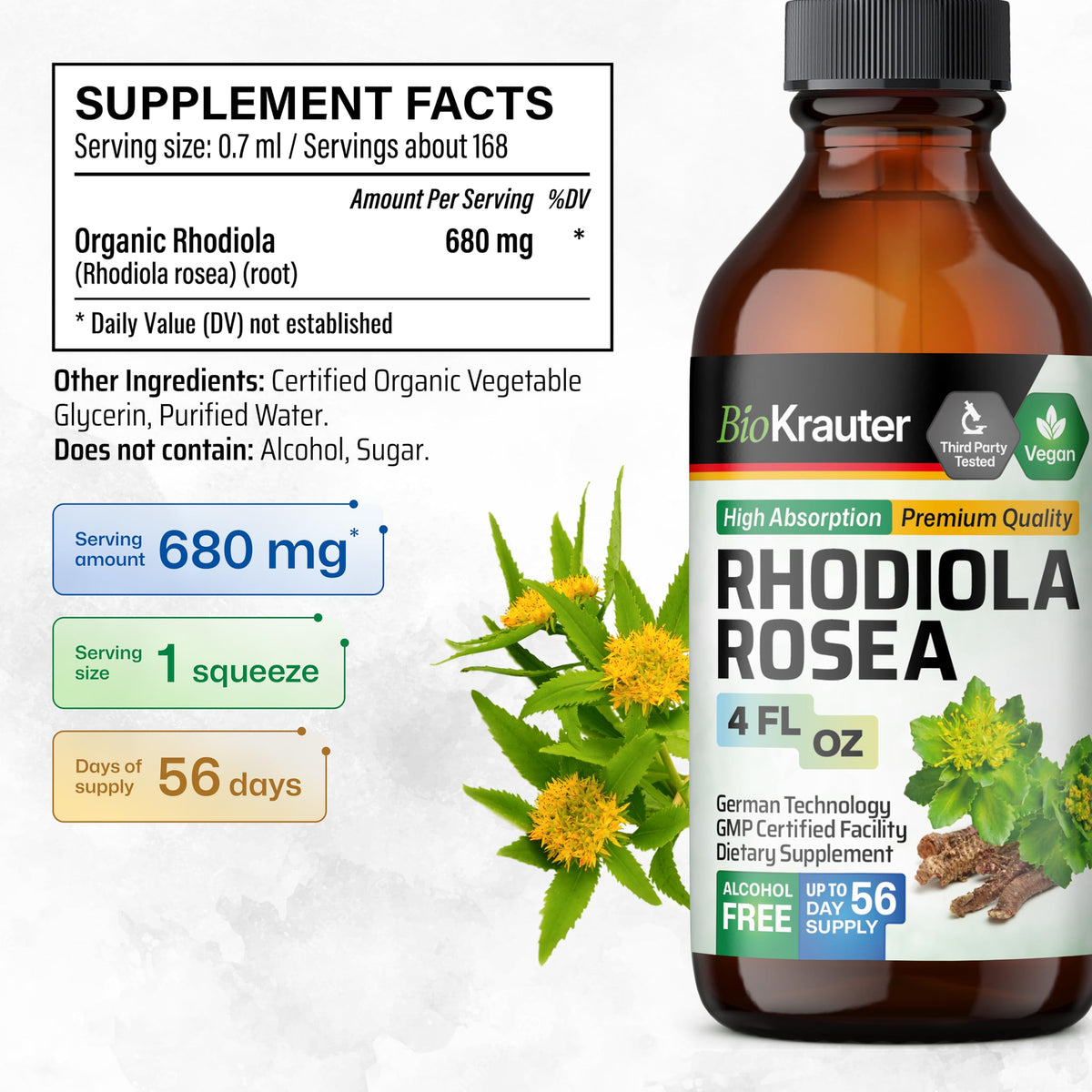 Vue du flacon de teinture BIO KRAUTER Rhodiola Rosea avec goutteuse