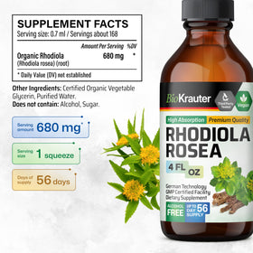 Vue du flacon de teinture BIO KRAUTER Rhodiola Rosea avec goutteuse
