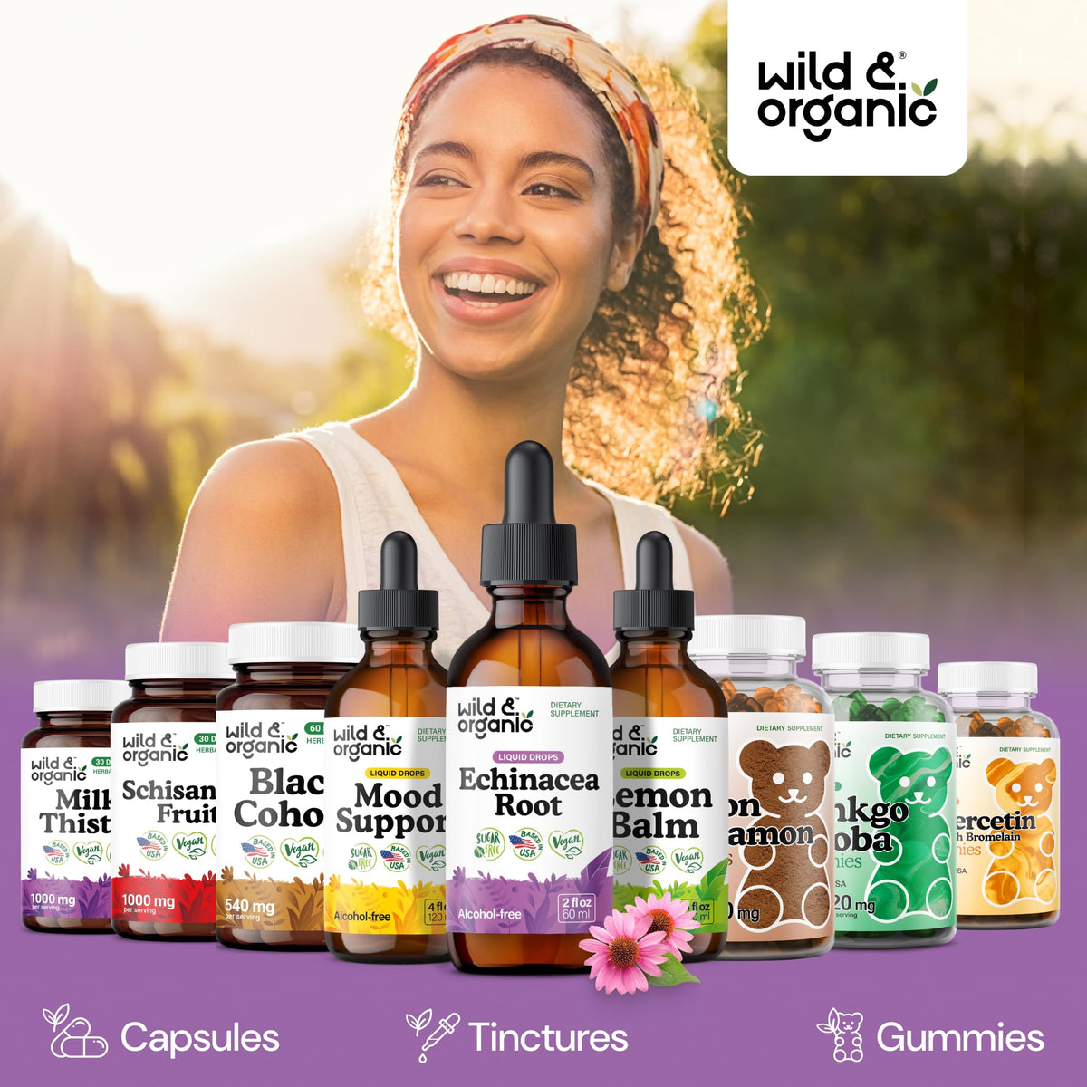 Vue du flacon de teinture d'échinacée Wild & Organic avec son bouchon