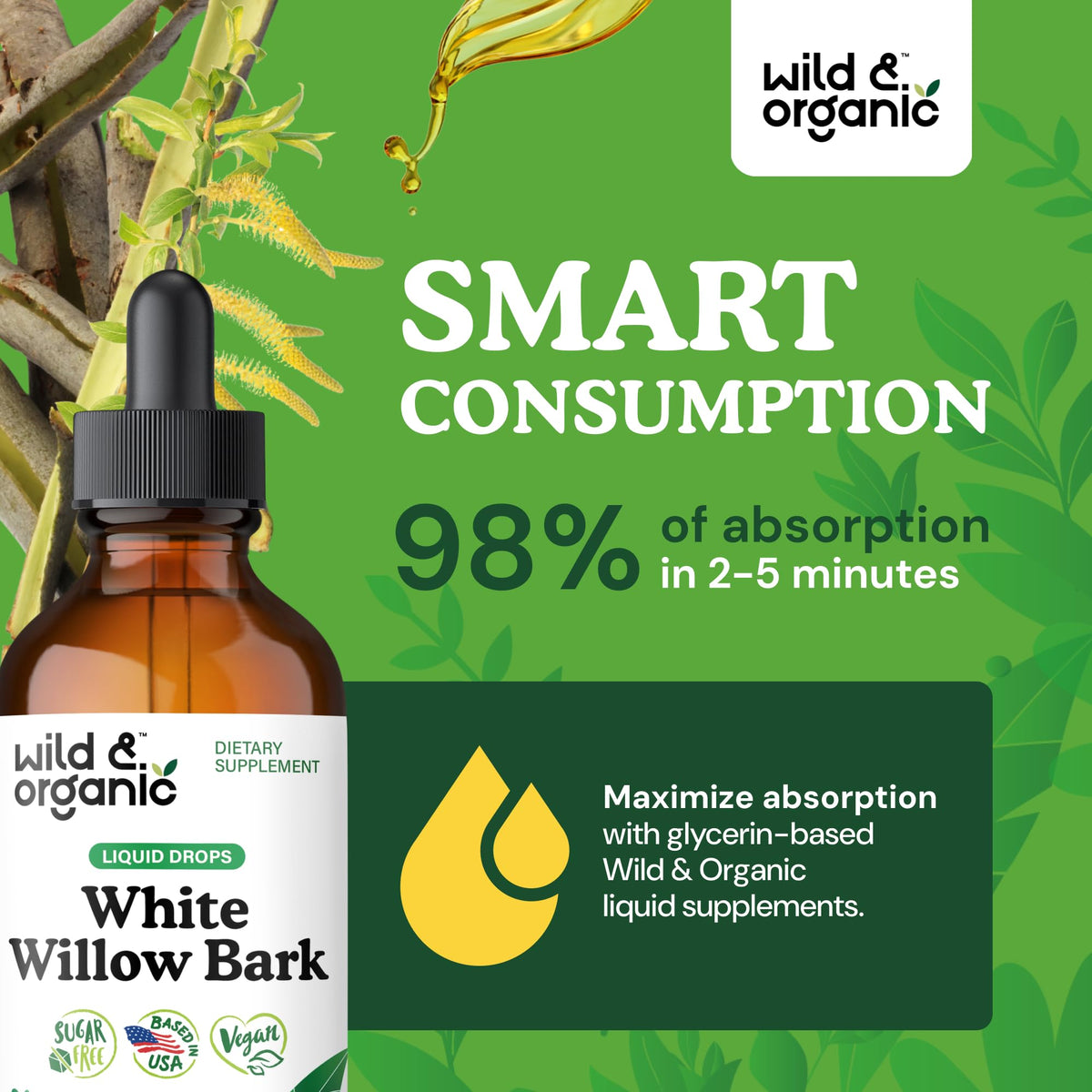 Vue du flacon de teinture d'écorce de saule blanc Wild & Organic