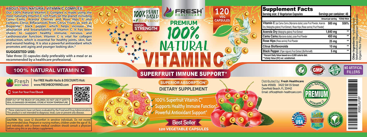 Vue du flacon de Vitamine C 500mg FRESH HEALTHCARE ouvert