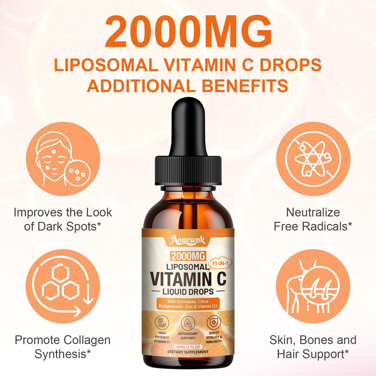 Vue du flacon de vitamine C Aouewnk avec ingrédients listés