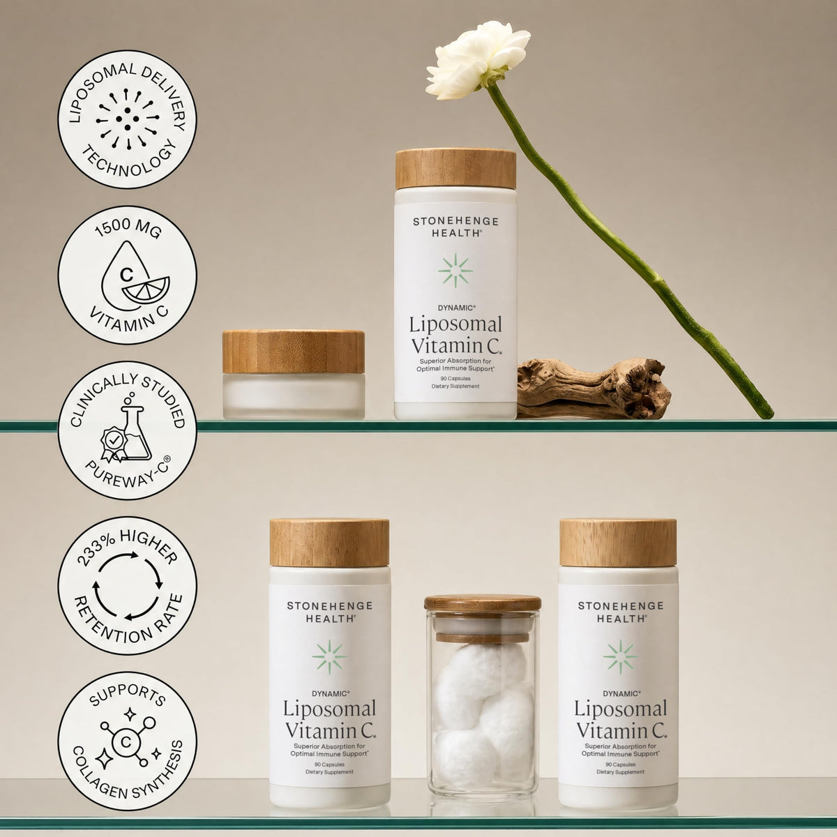 Vue du flacon de vitamine C liposomale Stonehenge Health