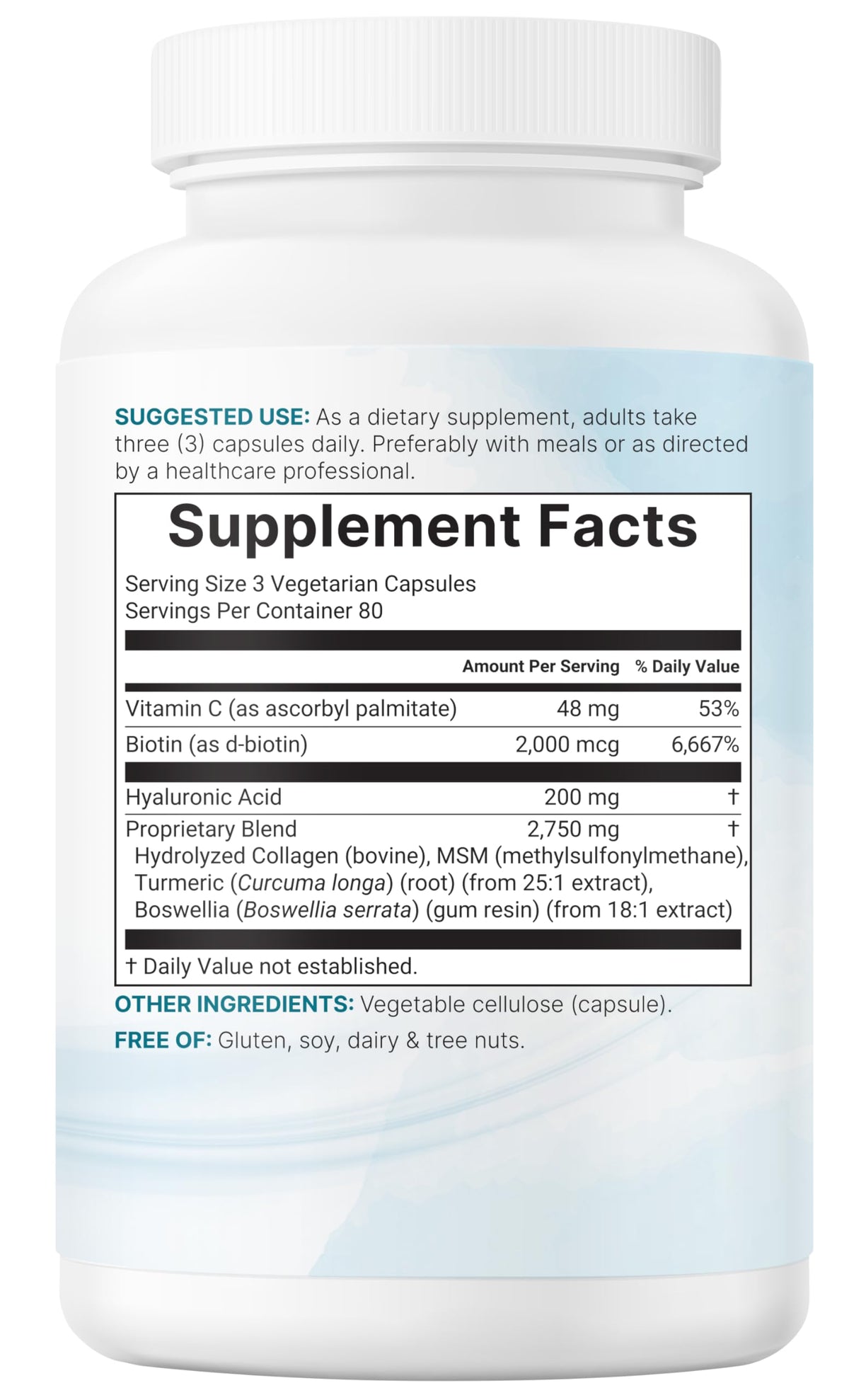 Vue du flacon et des capsules de Complexe d'Acide Hyaluronique 3000mg avec éléments naturels