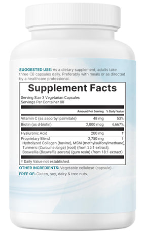 Vue du flacon et des capsules de Complexe d'Acide Hyaluronique 3000mg avec éléments naturels