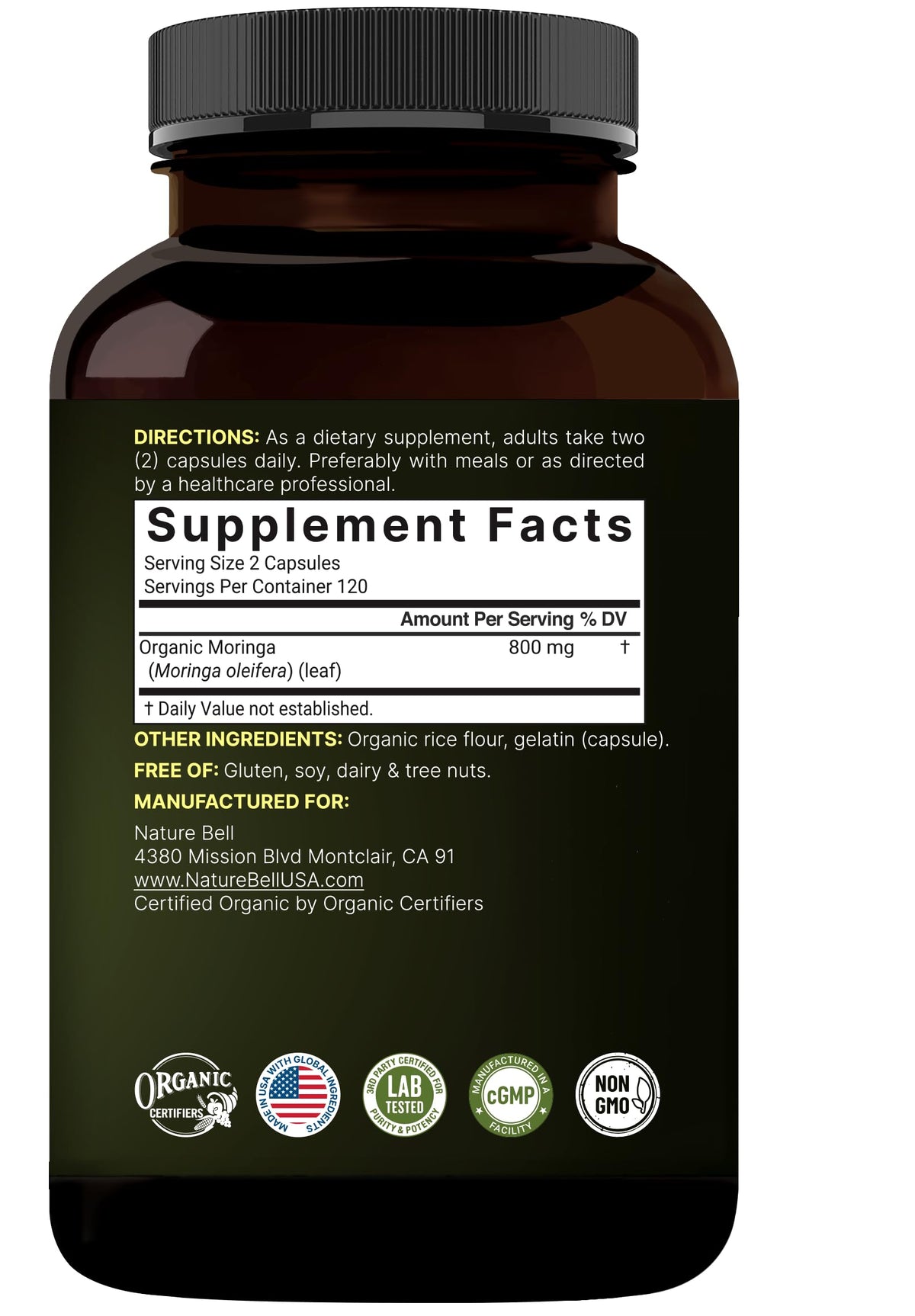 Vue du flacon NatureBell Moringa avec des ingrédients en arrière-plan