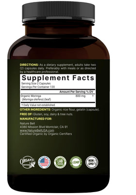 Vue du flacon NatureBell Moringa avec des ingrédients en arrière-plan