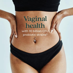 Vue du flacon New Chapter Probiotiques Femmes avec capsules en arrière-plan