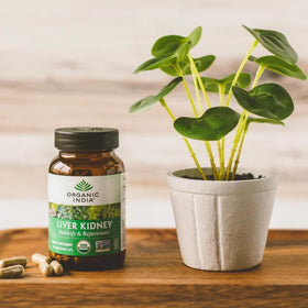 Vue du flacon ORGANIC INDIA sur un fond naturel
