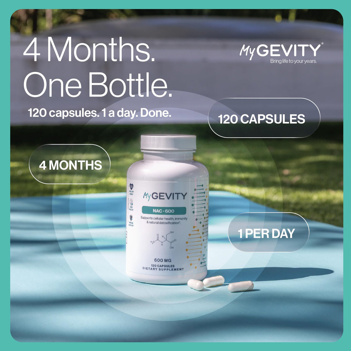 Vue du haut du flacon MyGevity NAC 600mg Capsules Vegan