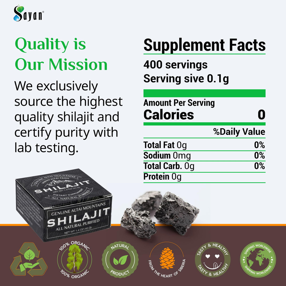 Vue du pot de Sayan Shilajit Résine avec étiquette