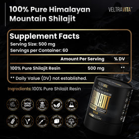 Vue du pot de VeltraVita Résine de Shilajit avec des ingrédients