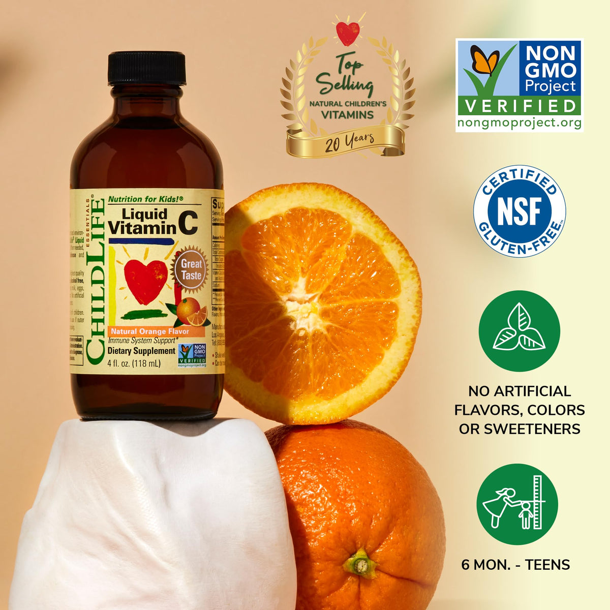 Vue du produit vitamine C liquide CHILDLIFE ESSENTIALS avec cuillère doseuse