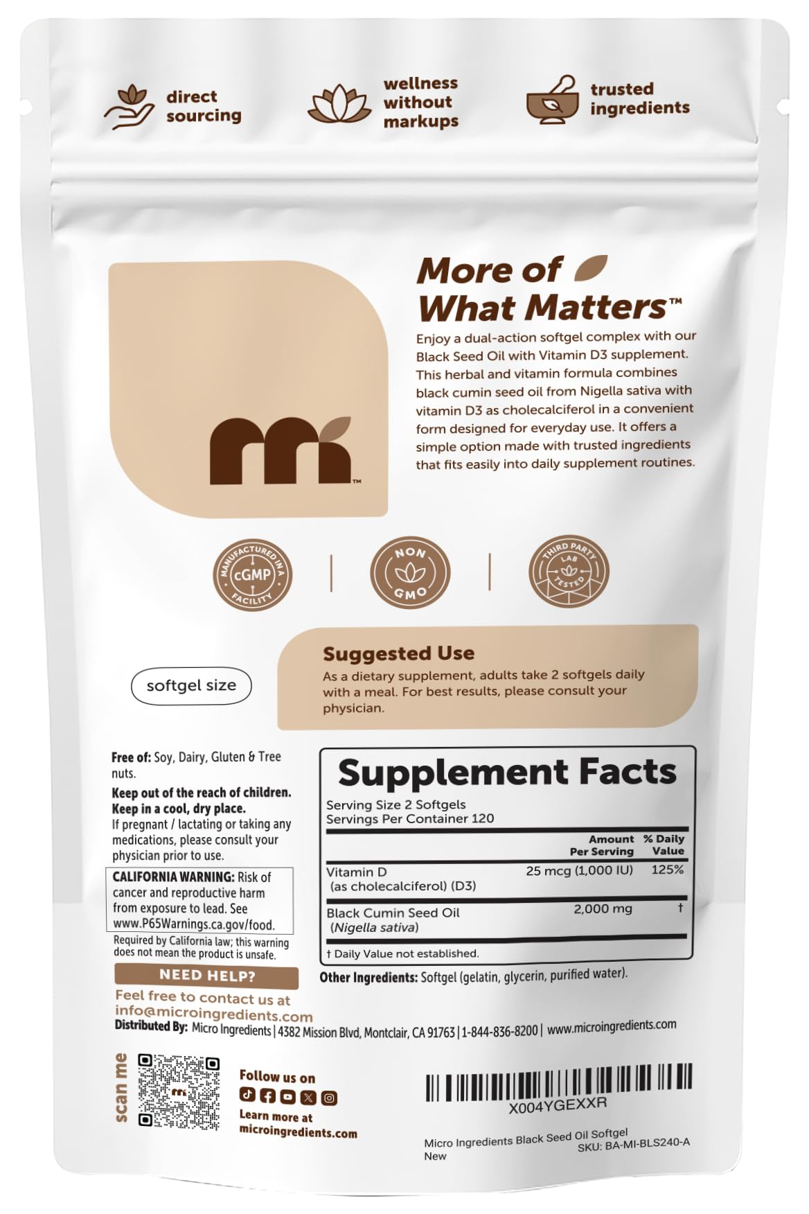 Vue du sachet d'huile de graines noires avec informations nutritionnelles
