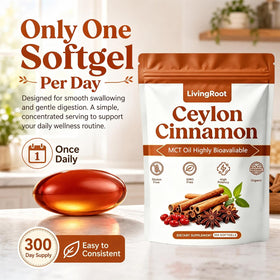 Vue du sachet de Canelle de Ceylan LivingRoot ouvert avec des softgels visibles