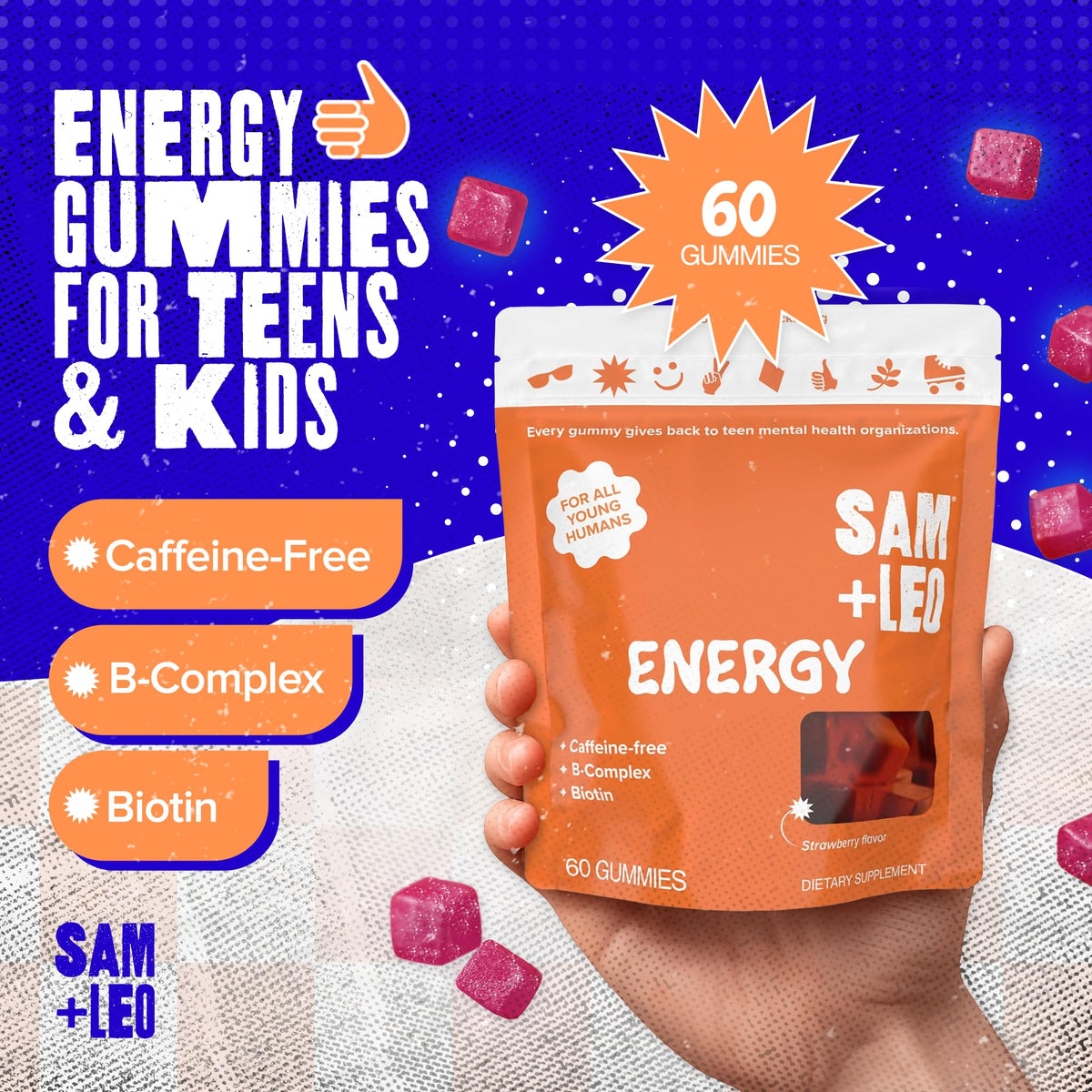 Vue du sachet de SAM+LEO Gummies Énergétiques avec étiquette
