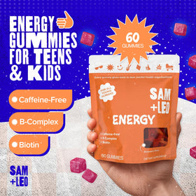 Vue du sachet de SAM+LEO Gummies Énergétiques avec étiquette