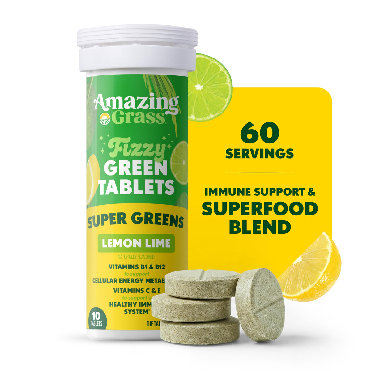 Vue du tube de 60 comprimés Amazing Grass citron lime