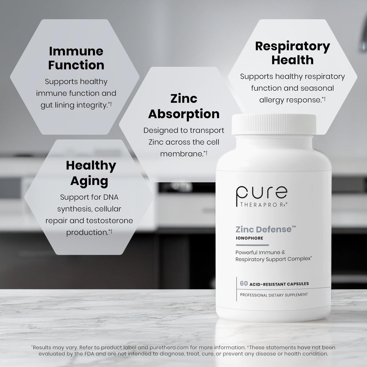 Vue du Zinc Defense Pure Therapro Rx avec capsules sur une table