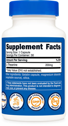 Vue en gros plan des capsules de L-Theanine Nutricost