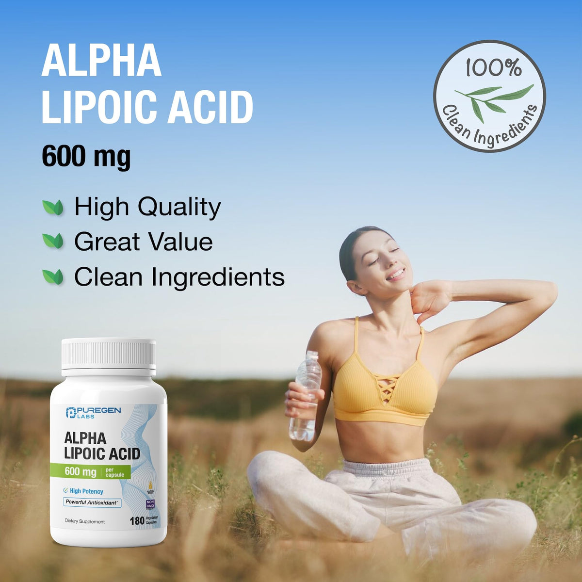 Vue générale du flacon de 360 gélules Acide Alpha-Lipoïque 600mg P Puregen Labs