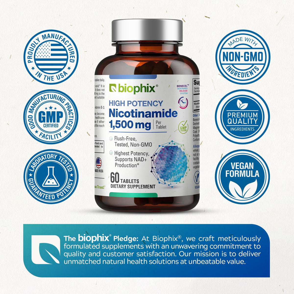 vue latérale de l'emballage biophix B-3 Nicotinamide