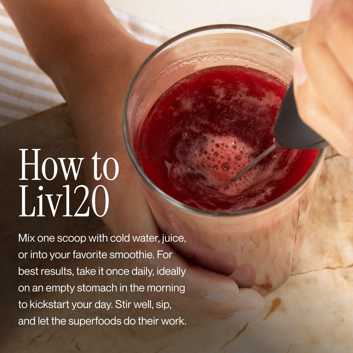 Vue latérale de l'emballage de Longevity Rx Poudre Superaliment Liv120