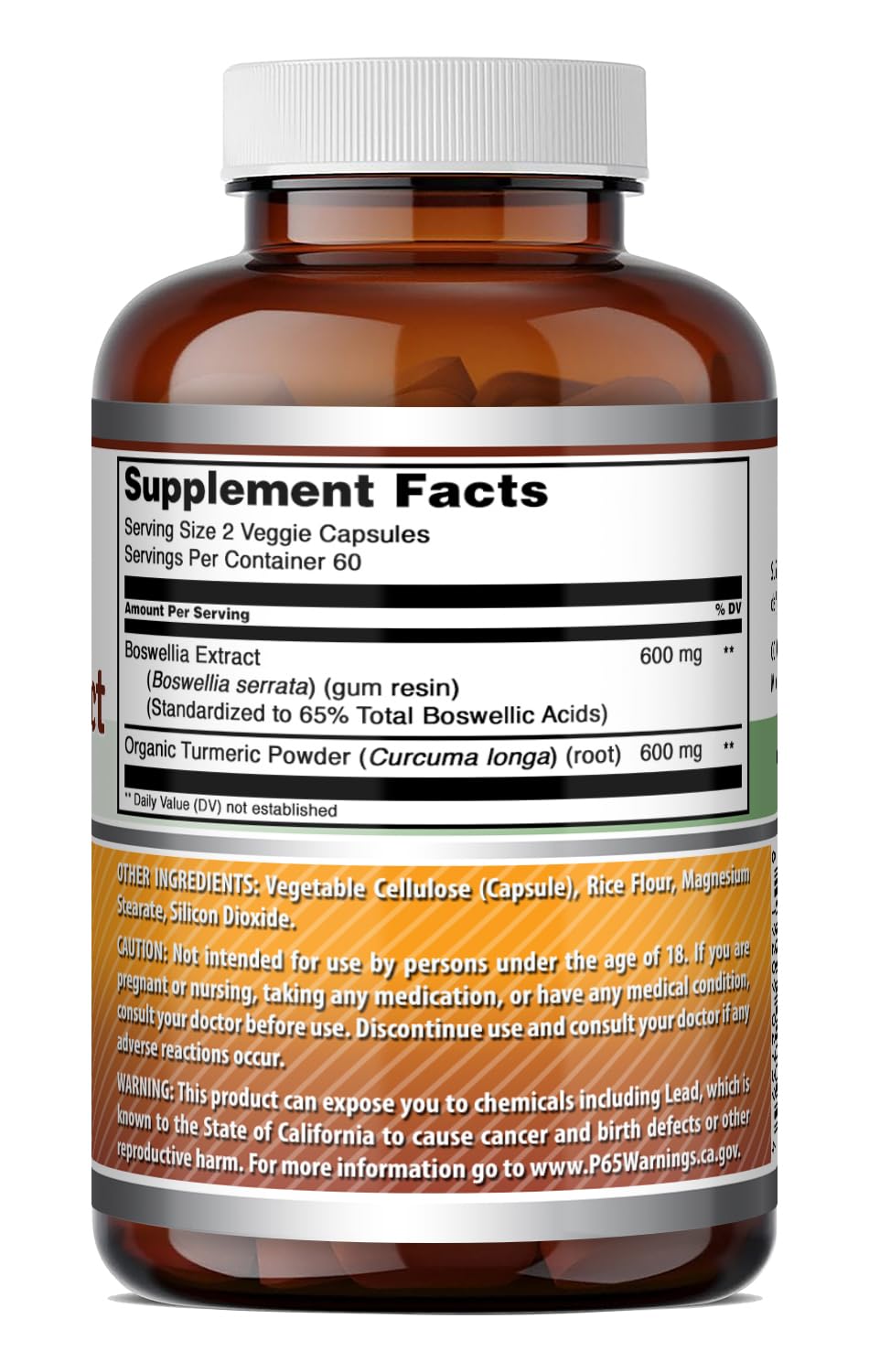 Vue latérale de l'emballage des capsules Amazing Nutrition Boswellia et Curcuma