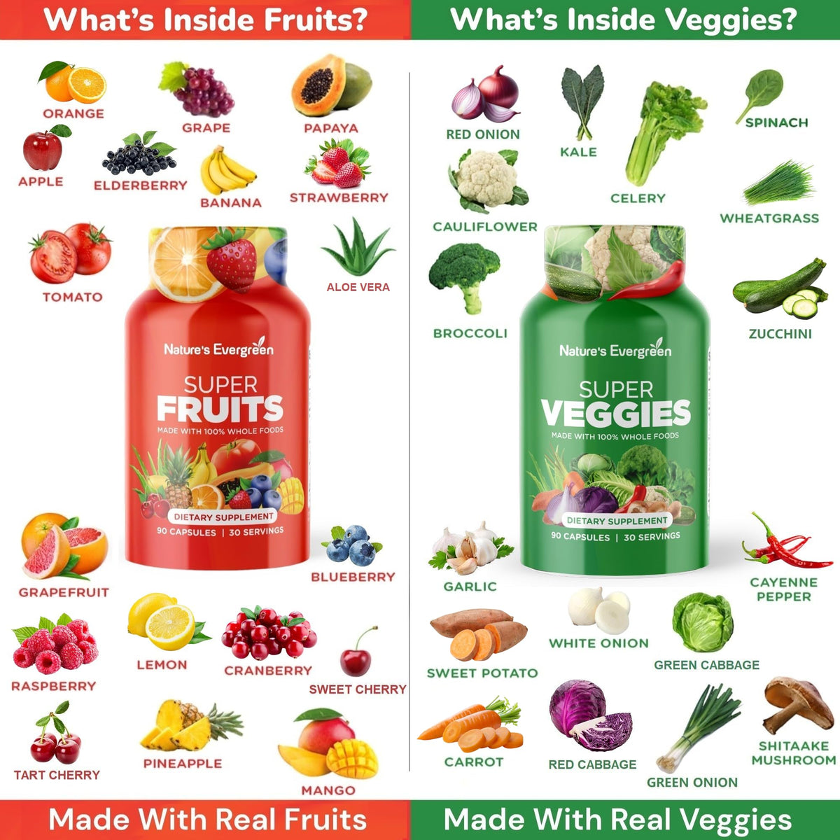 Vue latérale de l'emballage des compléments alimentaires Fruits et Légumes Nature's Evergreen