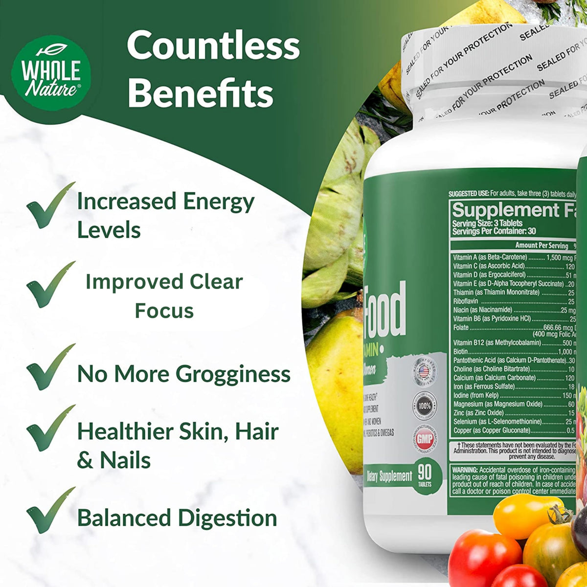 Vue latérale de l'emballage des multivitamines Whole Nature