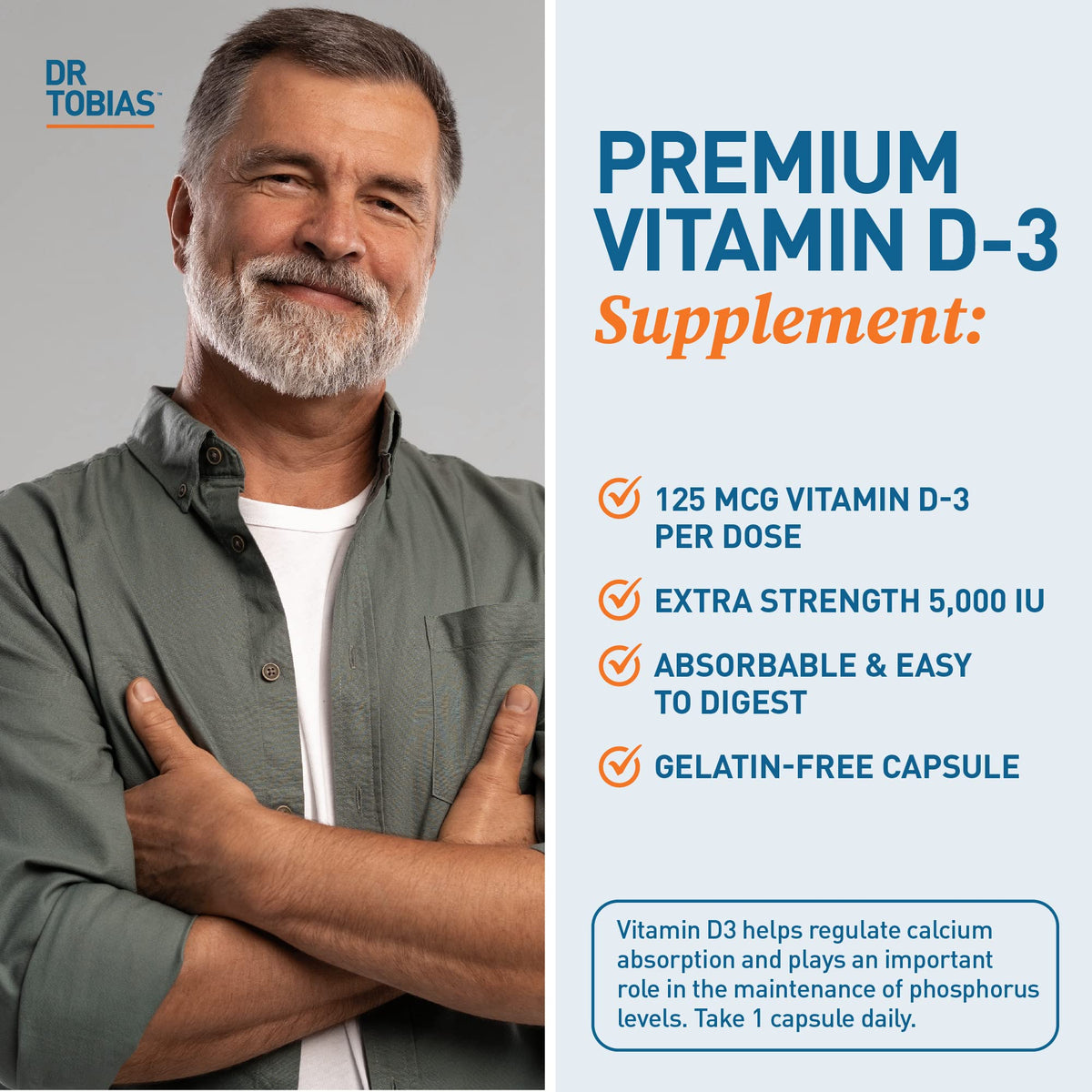 Vue latérale de l'emballage Dr. Tobias Vitamine D3