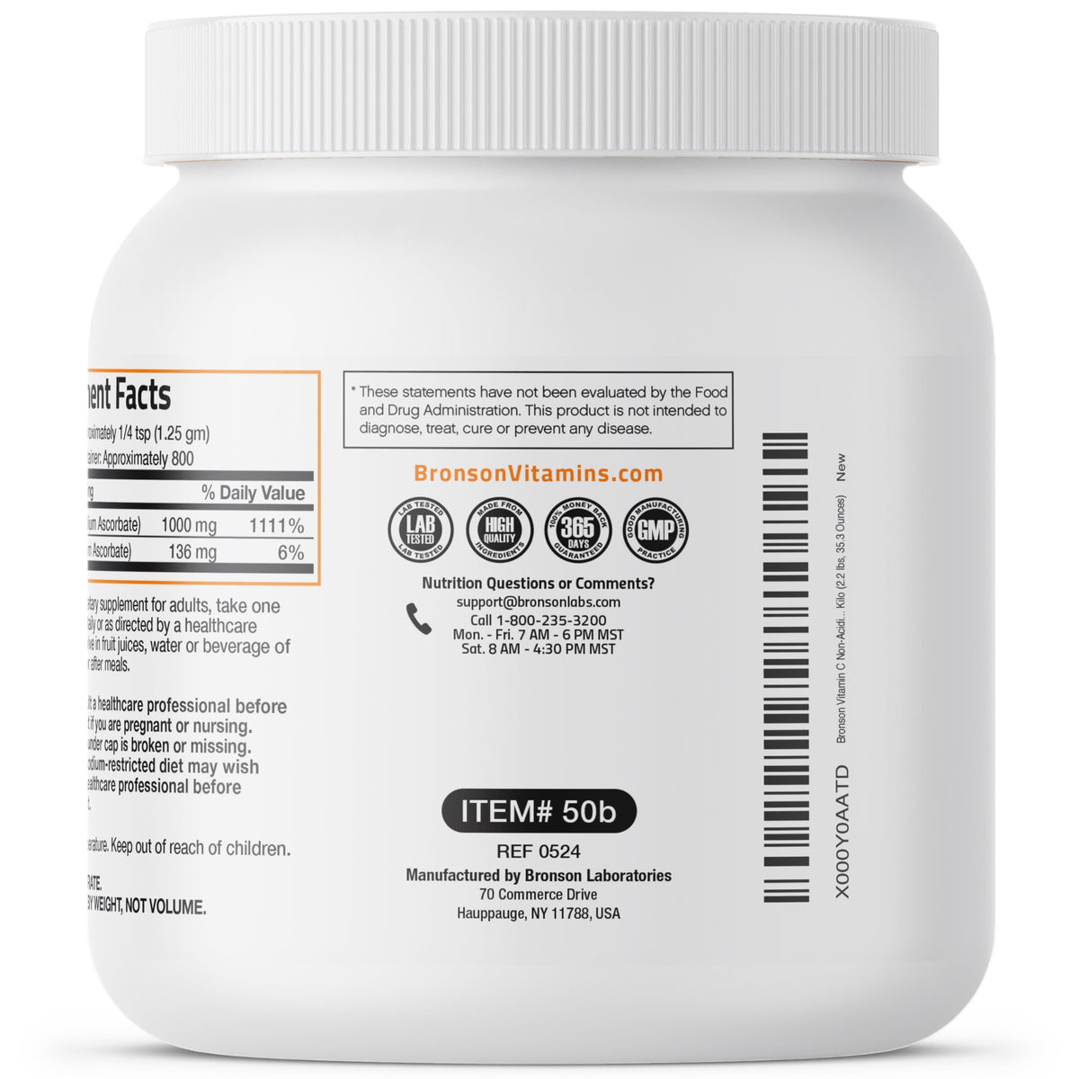 Vue latérale de la boîte de poudre de vitamine C Bronson