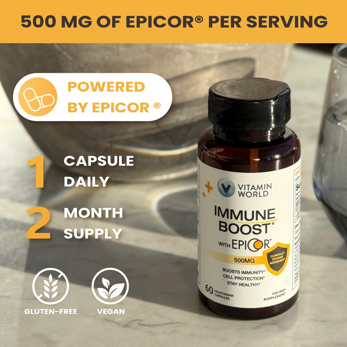 Vue latérale de la boîte de Vitamin World EpiCor 500 mg