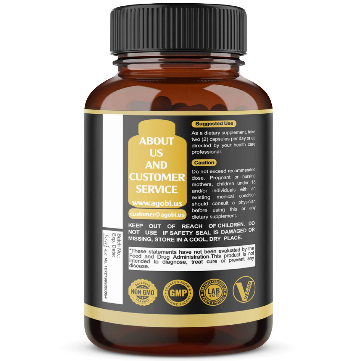 Vue latérale de la bouteille agobi Saw Palmetto 8en1 avec capsules visibles