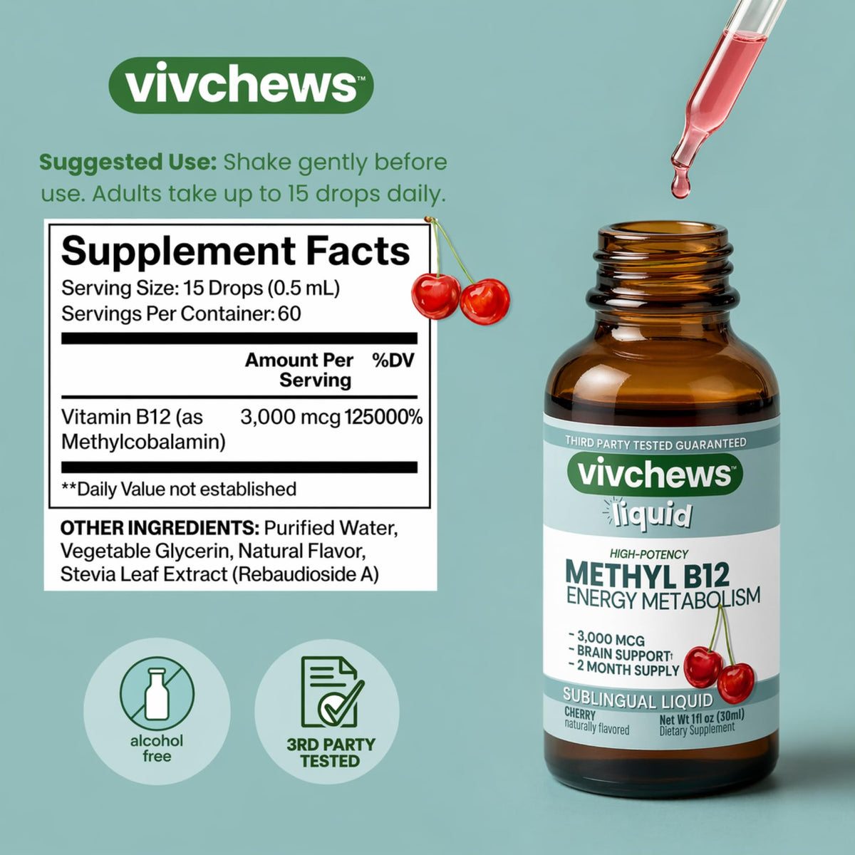 vue latérale de la bouteille de B12 méthyle vivchews