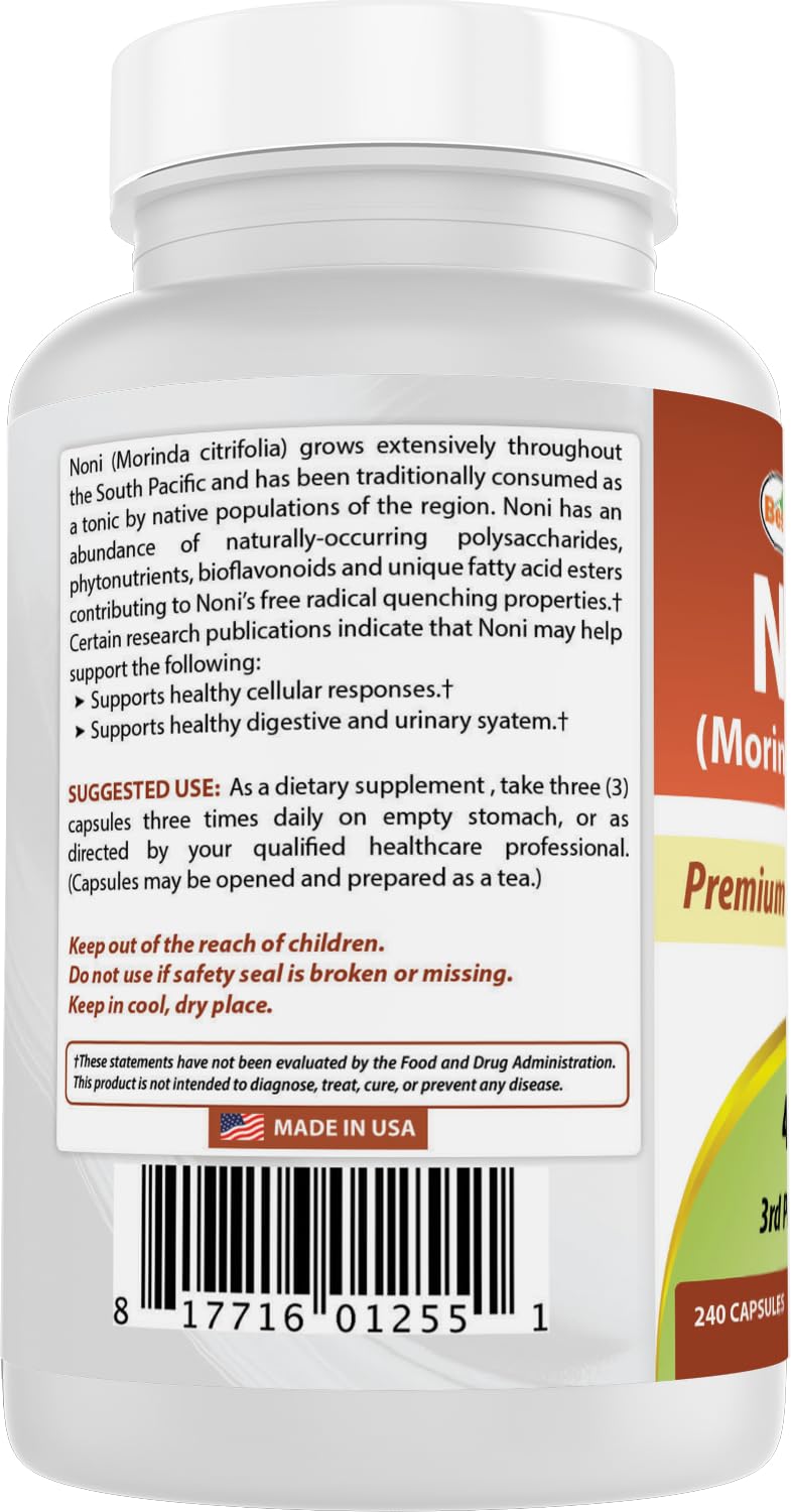 Vue latérale de la bouteille de Best Naturals Noni 400 mg