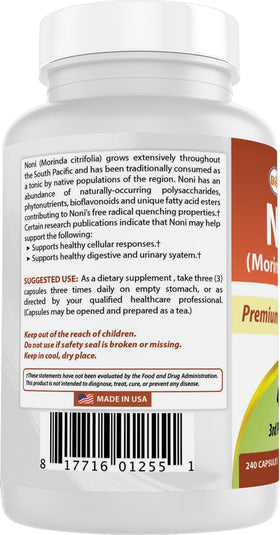 Vue latérale de la bouteille de Best Naturals Noni 400 mg