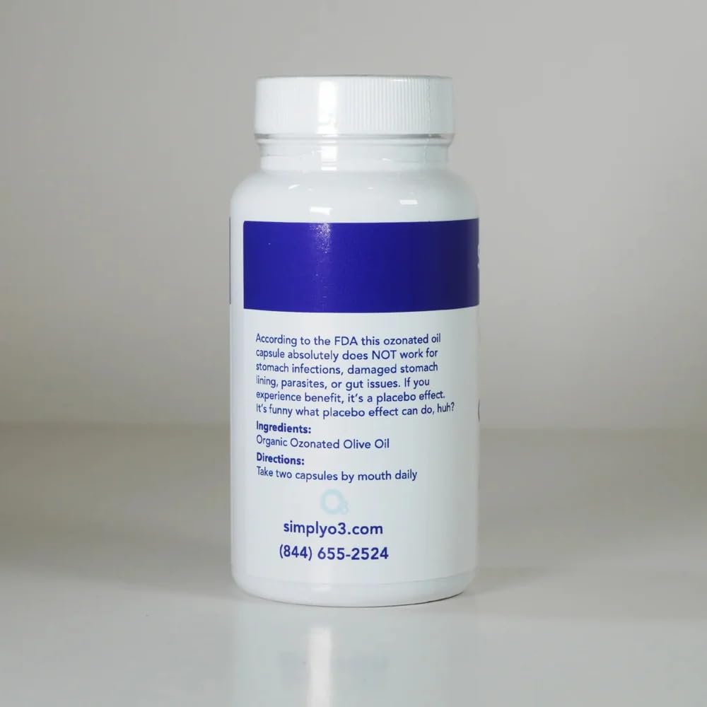 Vue latérale de la bouteille de capsules d'huile d'olive ozonée Simply O3