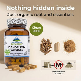 Vue latérale de la bouteille de capsules de racine de pissenlit Pure Mountain Botanicals