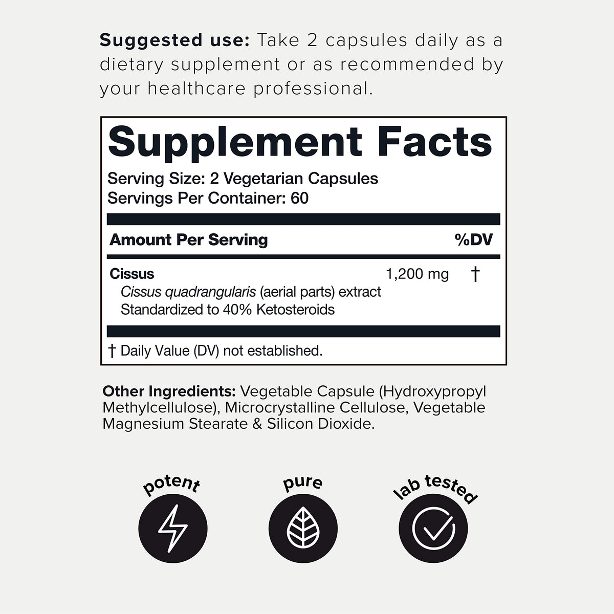 Vue latérale de la bouteille de capsules Toniiq Cissus Quadrangularis