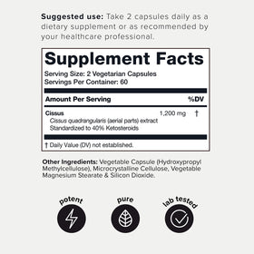 Vue latérale de la bouteille de capsules Toniiq Cissus Quadrangularis